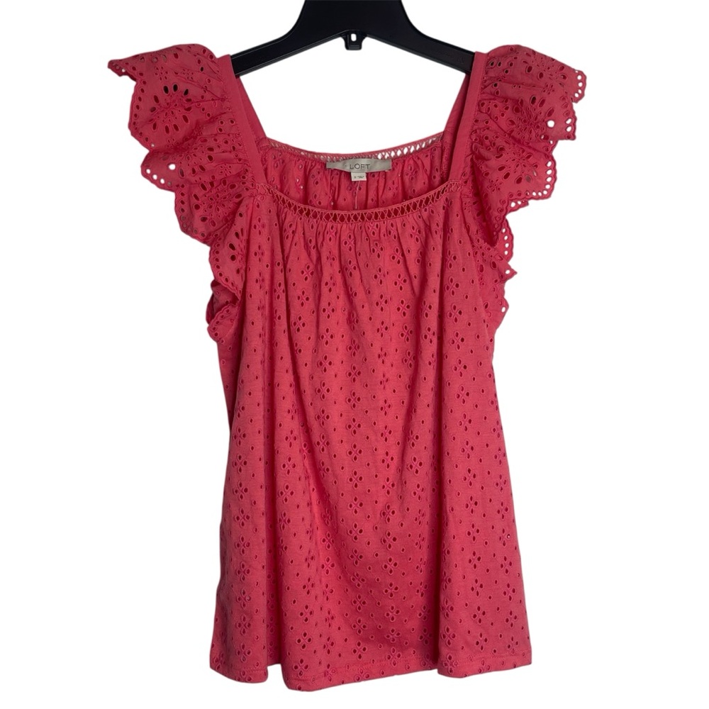 LOFT Coral Eyelet Ruffle Sleeve Top NWT Small